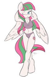 2014 absurd_res ambris anthro anthrofied biped blossomforth_(mlp) blue_eyes bra breasts cleavage clothed clothing cutie_mark equid equine feathered_wings feathers female freckles friendship_is_magic green_hair hair hasbro hi_res mammal multicolored_hair my_little_pony mythological_creature mythological_equine mythology navel one_eye_closed panties pegasus pink_body pink_feathers purple_hair simple_background solo standing two_tone_hair underwear white_background wings