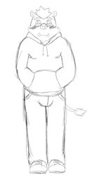 absurd_res anthro biped blush bottomwear clothed clothing denim denim_bottomwear denim_clothing eyewear footwear fully_clothed glasses hi_res hoodie jeans looking_at_viewer male mammal monochrome overweight overweight_anthro overweight_male pants shoes sketch slightly_chubby solo suid suina sus_(pig) sweater topwear tusks vii_rii_(vrart1) vrart1 wild_boar