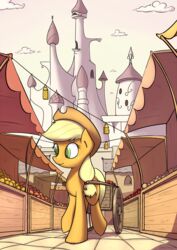 2014 applejack_(mlp) blonde_hair building canterlot castle clothing cloud cowboy_hat cutie_mark detailed_background earth_pony equid equine female feral freckles friendship_is_magic green_eyes hair hasbro hat headgear headwear hi_res horse lamp lantern mammal market market_stall my_little_pony outside pony sky solo subjectnumber2394 vehicle wagon walking