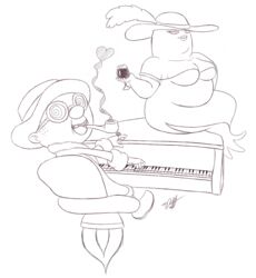 breasts cleavage clothed clothing duo female ghost hi_res human keyboard_instrument lips luigi&#039;s_mansion male mammal mario_bros monochrome musical_instrument nintendo not_furry on_piano piano playing_music playing_piano professor_e._gadd sister_herlinda slightly_chubby spirit timoteihiv