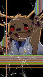 9:16 ambiguous_gender black_background blush breaking breaking_the_fourth_wall broken broken_glass bust_portrait corrupt cracked dagasi digital_media_(artwork) eevee feral front_view generation_1_pokemon glass glitch hi_res looking_at_viewer mammal neck_tuft nightmare_fuel nintendo no_pupils open_mouth pawpads paws pokemon pokemon_(species) portrait reaching_towards_viewer red_sclera simple_background solo through_screen tuft