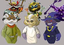 2013 anthro clothed clothing corki_(lol) eyewear facial_hair fur goggles group hair hat headgear headwear heimerdinger_(lol) league_of_legends male moustache riot_games simple_background smile standing tencent unknown_artist veigar yordle