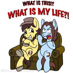 1:1 alternate_species amused angry arin_hanson cutie_mark duo english_text equid equine feral furniture game_grumps hasbro horse jon_jafari male mammal minkidoodles my_little_pony ponification pony smile sofa text