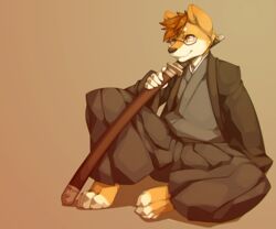 anthro barefoot biped brown_hair canid canine canis domestic_dog eyewear feet fetalstar glasses hair male mammal melee_weapon shiba_inu shiranai solo spitz sword weapon