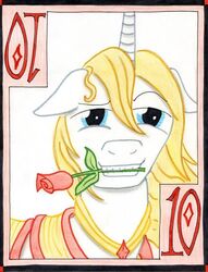 card card_template diamonds_(suit) equid equine flower flower_in_mouth friendship_is_magic hair hasbro horn jewelry male mammal mouth_hold my_little_pony mythological_creature mythological_equine mythology necklace number object_in_mouth plant playing_card playing_card_template prince_blueblood_(mlp) rose_(flower) rose_in_mouth smile solo suit_symbol teeth ten_of_diamonds the1king traditional_media_(artwork) unicorn unicorn_horn