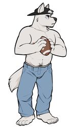 anthro backwards_baseball_cap backwards_hat barefoot baseball_cap biped black_nose canid canine canis clothed clothing feet fur furgonomics hat headgear headwear male mammal nipples solo topless tre_(vasuki) vasuki white_body white_fur wolf