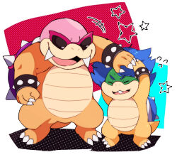  anthro blue_eyebrows blue_eyes blue_hair blue_shell bracelet brother_(lore) brothers_(lore) claw_toes claws closed_eyes duo eyebrows eyewear fangs finger_claws hair heterochromia hi_res jewelry koopa koopaling ludwig_von_koopa male mario_bros multicolored_body multicolored_hair multicolored_scales nintendo purple_shell roy_koopa scales scalie shell sibling_(lore) simple_background spiked_bracelet spiked_shell spikes spikes_(anatomy) star_(shape) sunglasses teeth zeso 