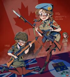  3girls absurdres battle_rifle bayonet beret bolt_action brown_hair canada canadian_flag cold_war em-2 fn_fal gun hat helmet highres holding holding_gun holding_weapon lee-enfield military military_uniform multiple_girls necktie nico_jiang pantyhose reloading rifle shadow skirt sunglasses we_love_cold_war weapon 