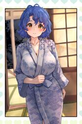  antenna_hair bath_yukata blue_hair blue_kimono blush breasts c_(theta) cleavage collarbone commentary_request female highres idolmaster idolmaster_million_live! indoors japanese_clothes kimono large_breasts looking_at_viewer ryokan short_hair sliding_doors solo tatami toyokawa_fuka yukata 