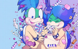  anthro blue_eyebrows blue_eyes blue_hair blue_shell bracelet brother_(lore) brothers_(lore) candy dessert duo eyebrows food hair hi_res jewelry koopa koopaling larry_koopa ludwig_von_koopa male mario_bros multicolored_body multicolored_scales nintendo scales scalie shell sibling_(lore) spiked_bracelet spikes zeso 