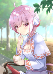  ahoge baozi bench breasts capelet cyclamen_(flower_knight_girl) day dress female flower_knight_girl food highres holding holding_food leaf looking_at_viewer outdoors pink_eyes pink_hair sakuragi_sayu short_hair sitting sky small_breasts solo tree white_capelet white_dress 