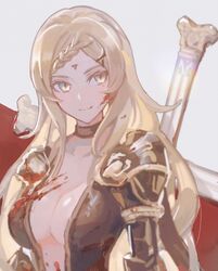  armor blonde_hair blood blood_on_clothes blood_on_face braid braided_bangs breasts center_opening cleavage closed_mouth commentary cross drag-on_dragoon drag-on_dragoon_3 facial_mark female five_(drag-on_dragoon) forehead_mark hair_ornament highres long_hair miichinori mole mole_under_eye roman_numeral shoulder_armor single_braid solo x_hair_ornament yellow_eyes 