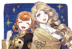  2girls annette_fantine_dominic blonde_hair blue_eyes bow closed_eyes commentary_request fire_emblem fire_emblem:_three_houses garreg_mach_monastery_uniform hairbow long_hair long_sleeves low_ponytail mercedes_von_martritz multiple_girls nakapipo open_mouth orange_hair twintails uniform upper_body 