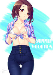  bikini bikini_top_only blue_pants blue_sky breasts breasts_apart brown_hair buttons collarbone collared_shirt commentary_request covered_nipples day denim earrings female fine_fabric_emphasis head_tilt high-waist_pants impossible_clothes impossible_pants jeans jewelry medium_breasts medium_hair midriff minamoto_(mutton) navel original outdoors pants plaid plaid_shirt puckered_lips shell shell_earrings shirt sky solo stomach summer swimsuit taut_clothes taut_pants thigh_gap tied_shirt tight_clothes tight_pants vacation white_bikini wing_collar yellow_eyes 