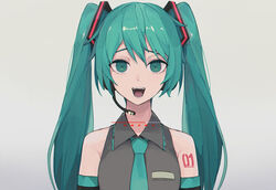  absurdres arm_tattoo bad_id bad_twitter_id bare_shoulders character_name collared_shirt commentary crowcrycaw detached_sleeves female green_eyes green_hair green_necktie grey_shirt hair_between_eyes hatsune_miku headphones headset highres long_hair looking_at_viewer media_player_interface necktie open_mouth pause_button shirt sleeveless solo symbol-only_commentary tattoo teeth twintails upper_body very_long_hair vocaloid 