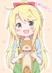  :3 :d absurdres animal animal_collar blonde_hair blue_shirt blush bow canine character_name collar commentary dress esureki female green_dress green_eyes hair_between_eyes hairbow highres himesaka_noa holding holding_animal holding_dog lolicon long_hair looking_at_viewer miyako_(dog) o_o open_mouth paw_print red_bow shirt smile standing thick_eyebrows very_long_hair watashi_ni_tenshi_ga_maiorita! 