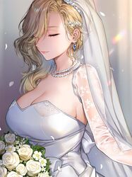  azur_lane blonde_hair blue_gemstone blush bouquet breasts bridal_veil cleavage closed_eyes closed_mouth detached_sleeves dress earrings female flower gem gloves hair_ornament hair_over_shoulder holding holding_bouquet hood_(azur_lane) hood_(rosey_love_poem)_(azur_lane) jewelry kaguyuzu large_breasts light_particles long_hair necklace official_alternate_costume pearl_necklace smile solo strapless strapless_dress veil white_dress 