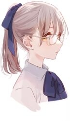  blue_bow blue_neckwear bow collared_shirt ear_focus eyebrows_hidden_by_hair female glasses hairbow highres light_brown_hair looking_to_the_side misumi_(macaroni) orange_eyes original parted_lips ponytail profile shadow shirt solo thumbnail_surprise white_background white_shirt 