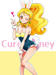  alternate_costume animal_ears bare_legs bare_shoulders black_leotard blonde_hair blush bow bowtie breasts brooch bunny_day character_name closed_mouth clover_earrings cowboy_shot cure_honey detached_collar extra_ears female frilled_leotard frills hairbow happinesscharge_precure! heart heart_brooch jewelry kagami_chihiro leotard long_hair looking_at_viewer magical_girl medium_breasts one_eye_closed oomori_yuuko orange_bow orange_eyes playboy_bunny precure rabbit_ears rabbit_tail shiny_skin smile solo tail 