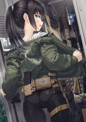  ass assault_rifle belt_pouch bomber_jacket charm_(object) clothes_hanger clothes_writing commentary_request ear_piercing earrings female flak_jacket from_behind geissele_urg-i glock gun gunbelt handgun highres holster holstered jacket jewelry locker magazine_(weapon) original photo_(object) piercing plant ponytail pouch removing_jacket rifle samaru_(seiga) shotgun skindentation solo thigh_strap tourniquet weapon 