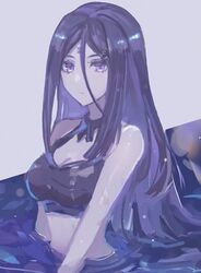  alternate_costume bare_shoulders bra choker closed_mouth commentary drag-on_dragoon drag-on_dragoon_3 facial_mark female forehead_mark hair_between_eyes hair_ornament hairclip long_hair miichinori partially_submerged purple_bra purple_eyes purple_hair ribbon_choker roman_numeral solo three_(drag-on_dragoon) underwear 