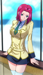  arm_support ashford_academy_school_uniform belt belt_buckle blue_eyes blush breasts buckle closed_mouth code_geass collared_shirt dokozo_no_shirou dress_shirt female hair_intakes head_tilt highres jacket kouzuki_kallen large_breasts light_blush long_sleeves looking_at_viewer medium_hair miniskirt necktie red_hair school_uniform shirt skirt solo thighhighs white_shirt white_thighhighs window zettai_ryouiki 