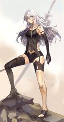  a2_(nier:automata) android armlet asymmetrical_legwear black_footwear black_gloves black_shorts black_tank_top black_thighhighs blue_eyes breasts chinese_commentary collarbone commentary elbow_gloves eyes_visible_through_hair female gloves hair_between_eyes high_heels highres holding holding_weapon joints katana long_hair medium_breasts mole mole_under_mouth nier:automata nier_(series) robot_joints shaokao_range shorts single_thighhigh solo sword tank_top thighhighs virtuous_treaty weapon white_hair 