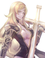  armor black_choker blonde_hair braid braided_bangs breasts center_opening choker cleavage commentary cross drag-on_dragoon drag-on_dragoon_3 facial_mark female five_(drag-on_dragoon) forehead_mark hair_ornament highres holding holding_weapon long_hair miichinori mole mole_under_eye roman_numeral shoulder_armor single_braid solo very_long_hair weapon x_hair_ornament yellow_eyes 