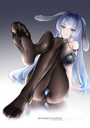  absurdres animal_ears arm_strap artist_name ass azur_lane black_leotard black_pantyhose blue_eyes blue_hair bodystocking breasts cleavage commentary fake_animal_ears feet female fine_fabric_emphasis full_body highres kainines large_breasts leotard long_hair looking_at_viewer new_jersey_(azur_lane) new_jersey_(exhilarating_steps!)_(azur_lane) no_shoes official_alternate_costume pantyhose playboy_bunny rabbit_ears see-through see-through_cleavage simple_background sitting soles solo strapless strapless_leotard very_long_hair 