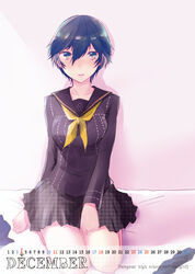  barefoot bed_sheet black_sailor_collar black_shirt black_skirt blue_eyes blue_hair calendar_(medium) closed_mouth collarbone collared_shirt december female grey_background hair_between_eyes kneeling long_sleeves looking_at_viewer miniskirt neckerchief persona persona_4 pleated_skirt print_skirt sailor_collar sailor_shirt school_uniform serafuku shinocco shirogane_naoto shirt short_hair simple_background skirt solo yasogami_school_uniform yellow_neckerchief 