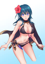  alternate_costume belt bikini black_belt black_bikini black_cape blue_background blue_eyes blue_hair bracelet breasts byleth_(female)_(fire_emblem) byleth_(female)_(summer)_(fire_emblem) byleth_(fire_emblem) cape cleavage commentary_request cropped_legs female fire_emblem fire_emblem:_three_houses fire_emblem_heroes flower gradient_background hair_flower hair_ornament halterneck hibiscus highres jewelry knife large_breasts long_hair looking_at_viewer navel official_alternate_costume parted_lips red_flower sheath sheathed solo sparkle standing suzuhiro swimsuit tassel 