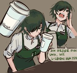  apron chainsaw_man coffee collared_shirt commentary cup deez_nuts_(meme) disposable_coffee_cup disposable_cup english_commentary english_text eyepatch female green_apron green_eyes green_hair highres himeno_(chainsaw_man) liowig looking_at_cup looking_at_viewer meme multiple_views open_mouth shirt short_hair shouting speech_bubble starbucks table white_shirt 