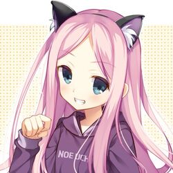  animal_ear_fluff animal_ears beige_background black_hairband blue_eyes blush cafe_stella_to_shinigami_no_chou cariboy cat_ears clothes_writing commentary_request fake_animal_ears female forehead grin hairband hand_up hood hood_down hoodie long_hair long_sleeves looking_at_viewer parted_bangs pink_hair polka_dot polka_dot_background purple_hoodie shioyama_suzune sleeves_past_wrists smile solo two-tone_background white_background 