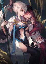  2girls arm_hug baobhan_sith_(fate) baobhan_sith_(first_ascension)_(fate) blue_eyes boots breasts cleavage closed_eyes dress drill_hair fangs fate/grand_order fate_(series) highres hopepe long_hair morgan_le_fay_(fate) mother_and_daughter multiple_girls navel pink_hair ponytail sitting smile thigh_boots thighhighs white_hair 