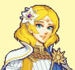  blonde_hair blue_eyes braid circlet commentary_request commission commissioner_upload fire_emblem fire_emblem_warriors flower hair_flower hair_ornament hairpin lianna_(fire_emblem) lowres pixel_art princess sash short_hair sunflower sunflower_hair_ornament tiara x0_000 