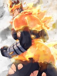  1boy ass ass_focus back bara beard blue_bodysuit blue_eyes bodysuit boku_no_hero_academia endeavor_(boku_no_hero_academia) facial_hair fire injury large_pectorals looking_to_the_side male_focus mature_male miso_(mimimiso) muscular muscular_male pectorals red_hair scar scar_across_eye scar_on_face short_hair sideburns skindentation smoke solo spiked_hair stubble superhero_costume thick_thighs thighs torn_bodysuit torn_clothes vambraces wind 