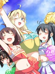  4girls ahoge armpits asakura_mihono black_hair blonde_hair blue_eyes blush blush_stickers breasts cheek-to-breast cheek_press cheerleader closed_eyes cloud commentary_request day dutch_angle gradient_hair hair_ornament hair_ribbon hairband height_difference kohagura_ellen long_hair midriff multicolored_hair multiple_girls musumi_kiyoka navel one_eye_closed open_mouth pleated_skirt pom_pom_(cheerleading) ponytail ribbon skirt sky smile sweat takano_natsuki tank_top toji_no_miko twintails yamashiro_yui 