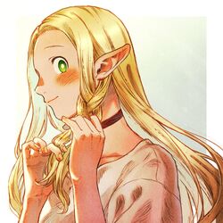  blonde_hair blush braid braiding_hair choker closed_mouth dungeon_meshi elf female from_side green_eyes hair_around_ear hairdressing hands_up long_hair looking_at_viewer marcille_donato outside_border pointy_ears portrait profile shako_(shaco_flat) side_braid smile solo straight_hair yellow_nails 