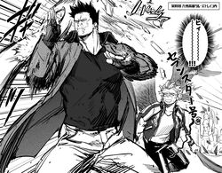  2boys alternate_costume bad_id bad_pixiv_id beard boku_no_hero_academia casual coat deflect endeavor_(boku_no_hero_academia) facial_hair feathered_wings fighting_stance greyscale highres large_pectorals legs_apart male_focus mature_male monochrome motion_lines multiple_boys muscular muscular_male open_clothes open_coat pectorals scar scar_across_eye scar_on_face shirt short_hair sideburns spiked_hair stubble thighs translation_request u2suke wings 