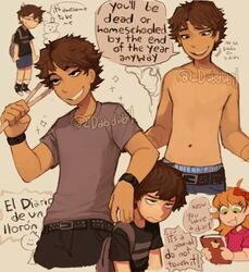  2boys aged_down backpack bag blonde_hair bow brother_and_sister brothers brown_hair commentary crying_child&#039;s_brother_(fnaf) crying_child_(fnaf) dabi_bill diary diary_of_a_wimpy_kid drumsticks elizabeth_afton english_text female five_nights_at_freddy&#039;s five_nights_at_freddy&#039;s:_sister_location green_eyes hairbow lolicon michael_afton mixed-language_text multiple_boys parody shirt short_hair shorts siblings spanish_text striped_clothes striped_shirt topless_male trait_connection translated 