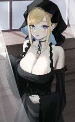  absurdres alice_lendrott bad_id bad_pixiv_id bare_shoulders black_dress black_nails blonde_hair blue_eyes blush bonnet breasts choker cleavage curtains dress female frilled_dress frills highres indoors jewelry large_breasts long_sleeves looking_at_viewer mole mole_on_breast necklace off-shoulder_dress off_shoulder open_mouth pale_skin ribbon_choker shinigami_bocchan_to_kuro_maid sidelocks smile solo standing uou_(tlswnsgh08) wide_sleeves window 