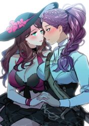  2girls breasts brown_eyes brown_hair cleavage commentary_request dark-skinned_female dark_skin dorothea_arnault dorothea_arnault_(summer) earrings fire_emblem fire_emblem:_three_houses fire_emblem_heroes flower garreg_mach_monastery_uniform green_eyes hat hat_flower holding_hands jewelry large_breasts long_hair long_sleeves looking_to_the_side multiple_girls parted_lips petra_macneary ponytail purple_hair sentaku_nori simple_background swimsuit uniform white_background yuri 