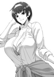  arm_up bra breasts cleavage collared_shirt commentary dress_shirt female greyscale grin gyaru hairband highres kogal large_breasts monochrome open_clothes open_shirt original pleated_skirt school_uniform shirt short_hair skirt sleeves_rolled_up smile solo sweat tied_sweater underwear yugo_(yugotme97) 