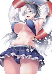  anastasia_(fate) anastasia_(swimsuit_archer)_(fate) anastasia_(swimsuit_archer)_(third_ascension)_(fate) armpits arms_behind_head arms_up ass_visible_through_thighs bare_shoulders bikini blue_bikini blue_eyes blue_skirt blush bow breasts cleavage collarbone covered_nipples fate/grand_order fate_(series) female grey_hair hair_over_one_eye hairbow highres innertube jewelry large_breasts long_hair long_sleeves looking_at_viewer miniskirt navel necklace open_mouth ponytail puffy_long_sleeves puffy_sleeves skirt smile soba_(saz) solo swim_ring swimsuit thighs tongue very_long_hair 