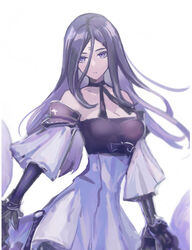  bare_shoulders bow breasts choker cleavage collarbone commentary detached_sleeves drag-on_dragoon drag-on_dragoon_3 dress elbow_gloves facial_mark female forehead_mark gloves hair_between_eyes hair_ornament hairclip highres long_hair miichinori purple_dress purple_eyes purple_gloves purple_hair ribbon_choker roman_numeral solo three_(drag-on_dragoon) white_background 