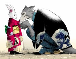  asian_clothing beastars black_clothing black_kimono bow_tie canid canine canis clogs closed_eyes clothing crouching domestic_rabbit duo dwarf_rabbit east_asian_clothing female flower_on_head footwear fur grey_body grey_fur haru_(beastars) hi_res holding_another humanoid itagaki_paru japanese_clothing kimono kimono_only kissing kissing_arm lagomorph legoshi_(beastars) leporid looking_at_another male male/female mammal mostly_nude netherland_dwarf_rabbit oryctolagus rabbit rock surprise tail_on_ground wave white_body white_fur wolf xdzy111 