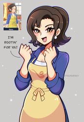  apron blush breasts brown_hair cleavage collared_shirt english_text female grey_background highres long_sleeves looking_at_viewer mature_female medium_hair open_mouth paldea_mother pokemon pokemon_sv shirt short_hair simple_background smile solo touyarokii yellow_apron 