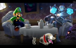  1boy alien animal arm_cannon blue_eyes blue_overalls brown_footwear canine commentary_request crossover cup dark_samus extra_eyes facial_hair female ghost gloves green_headwear green_shirt ing_(metroid) letterboxed luigi luigi&#039;s_mansion mario_(series) metroid moustache overalls poltergust_g-00 polterpup see-through shirt shoulder_pads sitting super_smash_bros. table teacup teke third_eye weapon worried 