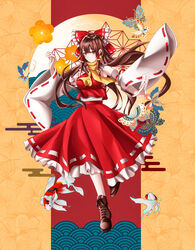  ascot between_fingers boots bow breasts brown_footwear brown_hair bug butterfly commentary cross-laced_footwear detached_sleeves female frilled_skirt frills full_body hair_tubes hairbow hakurei_reimu highres holding koi long_hair long_sleeves looking_at_viewer medium_breasts nontraditional_miko ofuda orange_eyes red_bow red_shirt red_skirt ribbon-trimmed_skirt ribbon-trimmed_sleeves ribbon_trim scarf sennagi_(chdp8284) shirt shoes skirt smile solo touhou very_long_hair wide_sleeves yellow_ascot yellow_scarf 