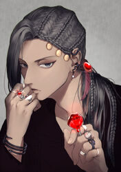  1boy black_eyes black_hair black_shirt bracelet braid braided_ponytail candy dark-skinned_male dark_skin earrings feather_hair_ornament feathers food grey_background hair_ornament hair_over_shoulder hand_up highres holding holding_candy holding_food jamil_viper jewelry long_hair looking_at_viewer male_focus multiple_rings parted_lips ring shirt single_braid solo twisted_wonderland umino_kiri 